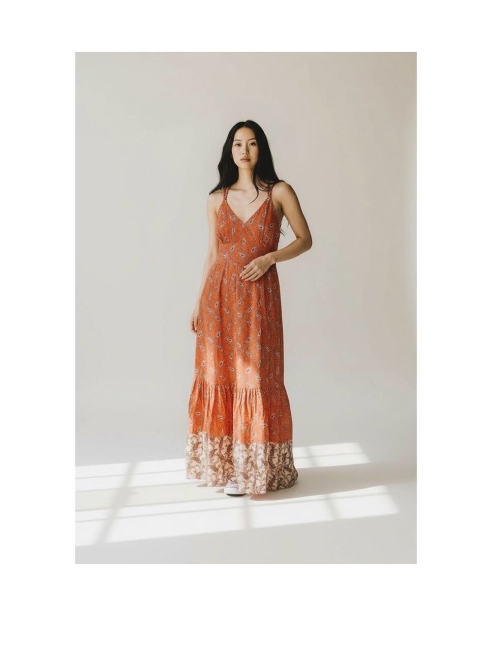 Sleeveless Rust Orange Maxi Dress with Printed Contrast Hem 100% Cotton